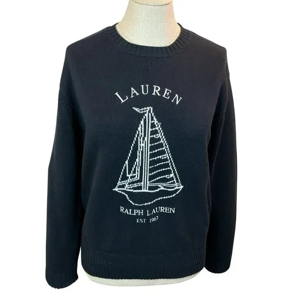 Lauren Ralph Lauren Cotton Knit Sweater Embroidered Sailboat Design Womens Large - Picture 3 of 10